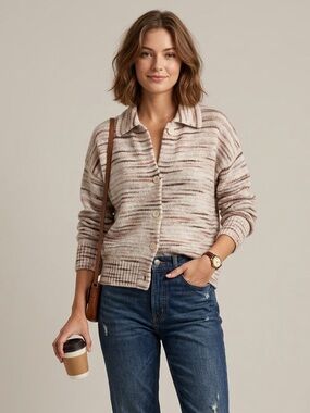 Laurel Grey Wool Blend Button Front Cozy Striped Cardigan Size Medium